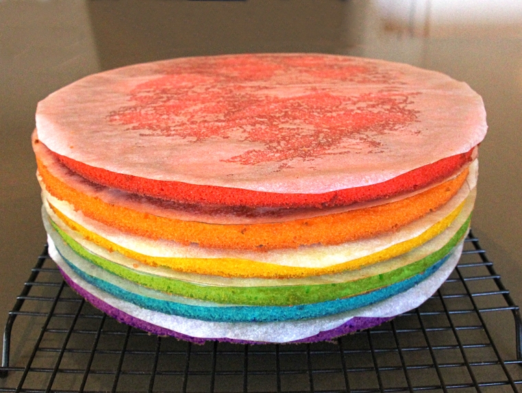 Rainbow layers ready for buttercream